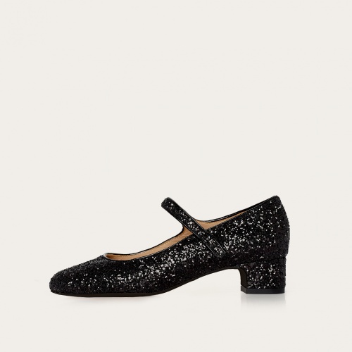 Dora Low Heels, black glitter OUTLET | Balagan Studio