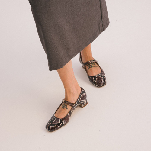 Dora Low Heels, brown python pattern | Balagan Studio